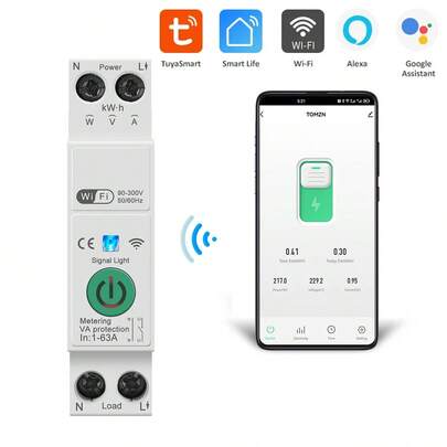 1-63A WiFi智能断路器，带App控制、定时器、功率、能量、电压、电流表、保护器和语音遥控功能