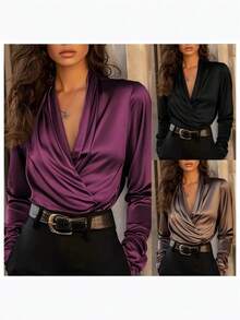 Women's Elegant Solid Color V-Neck Long Sleeve Blouse With Pleated Detail - Fashion Top For Spring&Fall - 白色 - 查看 2
