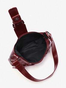 Y2K Vintage Soft Distressed Leather Motorcycle Bag With Rivet, Buckle, Pleated Cloud Decor, Shoulder/Underarm Bag, Suitable For Work, Commute, Date, Party - 酒紅色 - 查看 3