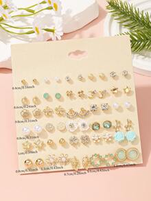 30对女士时尚耳环，精致彩色花朵和仿珍珠金属水钻耳环套装，适合日常休闲佩戴 - 彩色 - 查看 6