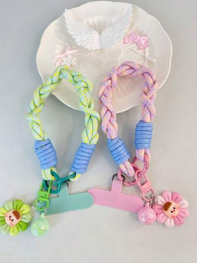 1pc Colorful Sunflower, Heart Braided Wrist Strap, Suitable For Universal Phone Cases DIY, Phone Accessories, Portable Keychain, Earphone, Cute Cartoon Pendant Lanyard, For Girls