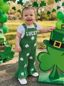 Toddler Girl Outfit St Patricks Day Overalls Clover Romper Long Flared Jumpsuit Irish Shamrock Clothes - 綠色 - 查看 8