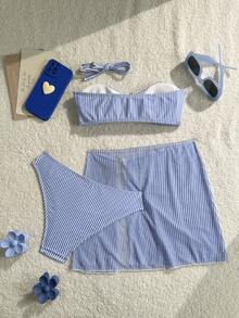 3件套条纹休闲优雅可爱系带露背海洋蓝沙滩度假夏季航海星 - 藍白色 - 查看 4