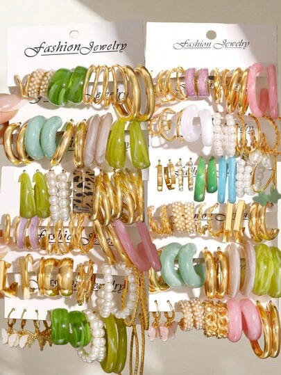 30/66件随机耳环套装，多巴胺色复古时尚夸张金属光泽，仿珍珠，扭曲，滴油，蝴蝶，树脂，亚克力吊坠耳环，适合女性日常佩戴和节日场合，生日，节日，周年纪念礼物（不含礼盒）