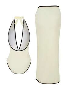 2pcs Women's Fashion Swimsuit Set For Summer, Including 1pc Star Print Swimsuit & 1pc High Slit Maxi Skirt - Apricot - View 6