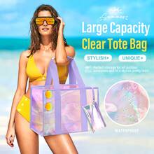 Large Beach Tote Bag For Women 26L Waterproof Sandproof Beach Bag With Zipper Pouch, Jacquard Strap Iridescent Clear Tote Bag For Vacation, Holiday, Beach, Swimming, Pool, Cruise, Boat Bag, Perfect For Beach Vacation, Shopping, And Vacation Essentials - Mauve Purple - View 7