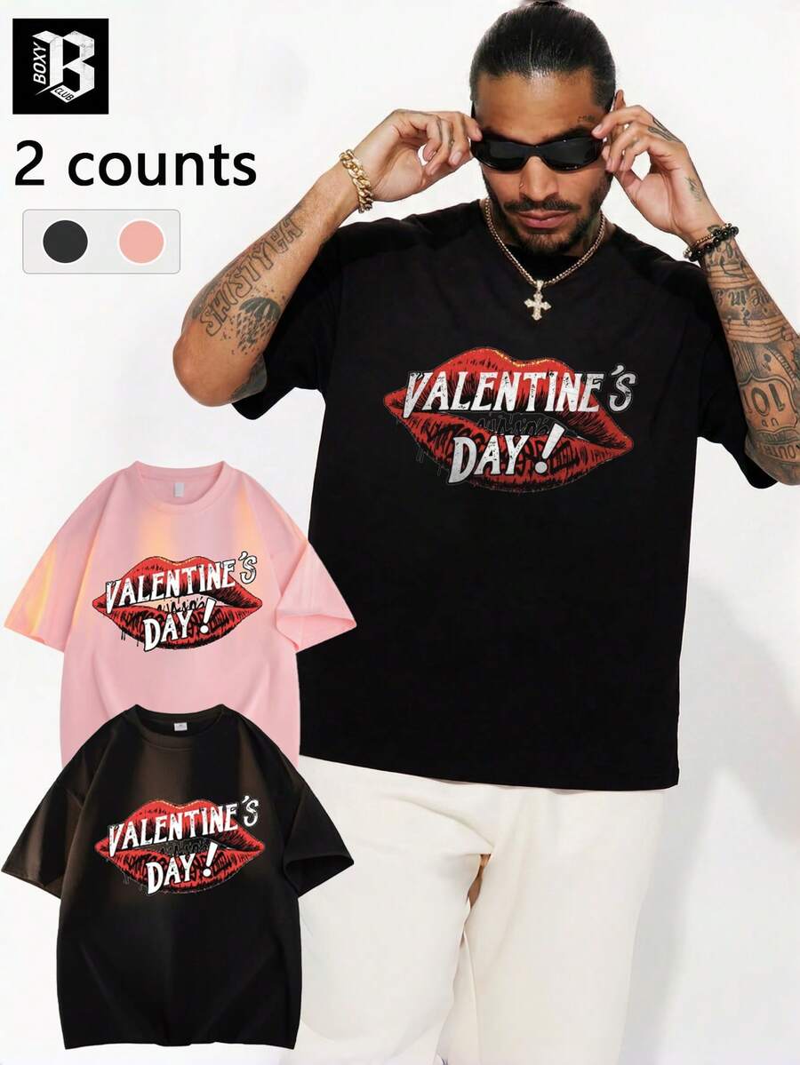 2pcs Men's Crew Neck Short Sleeve T-Shirt, Lip Print Graffiti Pattern, Pilling Resistant & Easy Care, American Street Style, Ideal For Valentine's Day And Casual Daily Wear - Multicolor - View 1