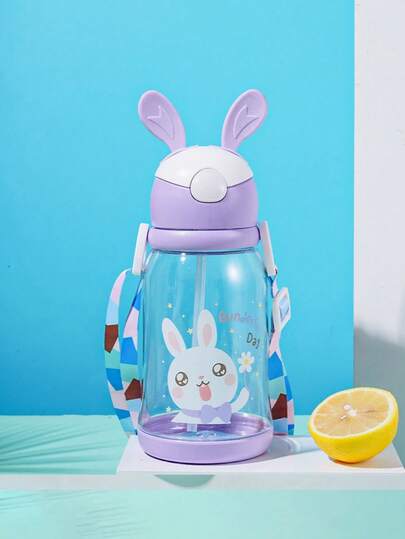 1pc 600ml Rabbit Ear Tumbler, Children's Learning Straw Cup, Student Rabbit Cup, Cute Cartoon Bottle Cap Water Cup, With Strap