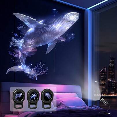 360°可调节海洋生物LED投影灯，梦幻USB夜灯，户外节日装饰灯，鲸鱼、水母、海星图案，适合室内使用，营造卧室、派对、生日、情人节等节日氛围，是理想的礼物之选。