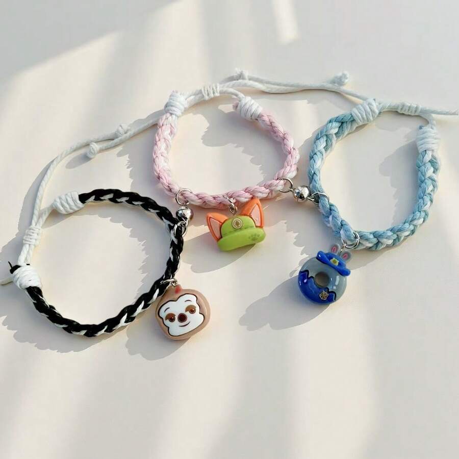 2pcs/1pc Disney Zootopia Cartoon Character Braided Bracelet Set, Cartoon Couple Bracelet, Niche Design Magnetic Bracelet, Suitable As Valentine's Day Gift, Birthday Gift, Party Gift, Christmas Gift, Fan Gift - Multicolor - View 1