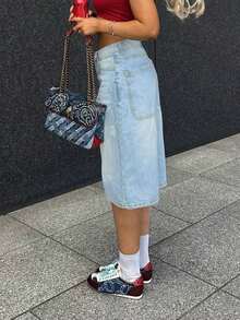 Quần short denim rách màu xanh nhạt kiểu cổ điển dành cho nữ, quần short ống đứng rộng rãi dài đến giữa đùi, có túi lớn, thích hợp cho mùa xuân/hè. - Màu xanh nhạt - Xem 7