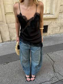 Satin & Lace Asymmetric Backless Camisole For Women Black Summer - Black - View 1