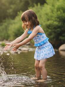 2Pcs Toddler Girl Swimsuit Set Sleeveless Halter Neck Starfish Bow Print Tops And Skirted Bikini Bottoms - 藍色 - 查看 3