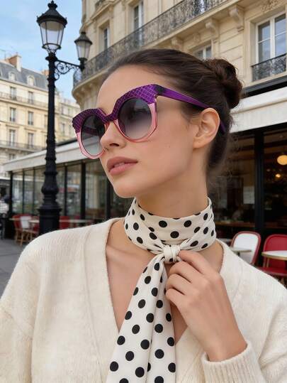 1pc Women's Round Cat Eye Large Frame Personalized Contrast Color Rhombus Patchwork Y2K Baddie Retro Street Chic Fashion Fashion Glasses, Vacation