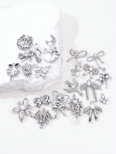 10/20 قطعة خليط من الخرز المعلق المصنوع من سبيكة الزنك على شكل فيونكة، هلال، صليب، مزينة باللؤلؤ للاستخدام في صناعة المجوهرات DIY كقلادة وأقراط