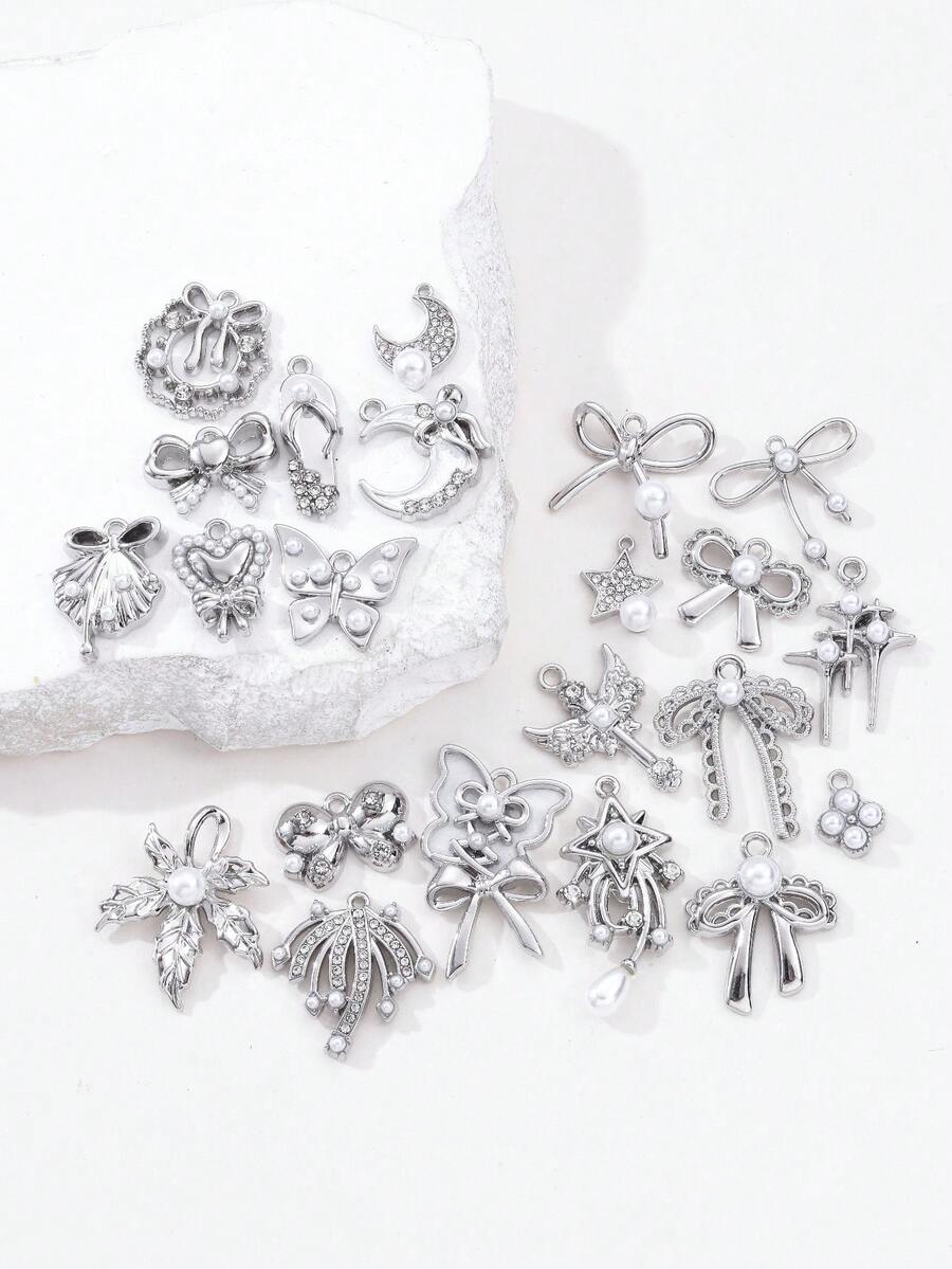 10/20pcs Mixed Cute Pearl Bow, Moon, Cross Zinc Alloy Pendant Beads For DIY Jewelry Making Necklace, Earrings - White - View 1