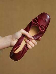 2026 Spring/Autumn New Handmade Women's Shoes, Round Toe Slip-On Bowknot Soft Bottom Flat/High Heel Ballet Shoes - Burgundy - View 2