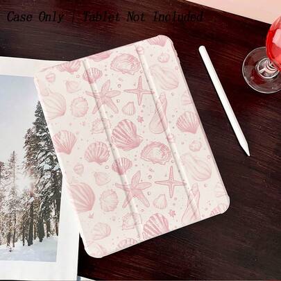 1PC Pink Seaside Shell Pattern Tablet Case - Fresh Coastal Pattern, Foldable Stand & Shockproof Cover,With Pen Holder Compatible With 10.9/10.2/ Air 5th Gen/Pro11/10th/9.7/Air 2/ (7th Gen)/ (8th Gen)/ Air 4/5/ Pro 11/ 10th Generation 10.9-Inch 2022 Smart Case/ Air 13(M3 2025)/ Air 11(M3 2025)/ Air 11(M3 2025)/ 11(A16 2025),Auto Sleep/Wake Function