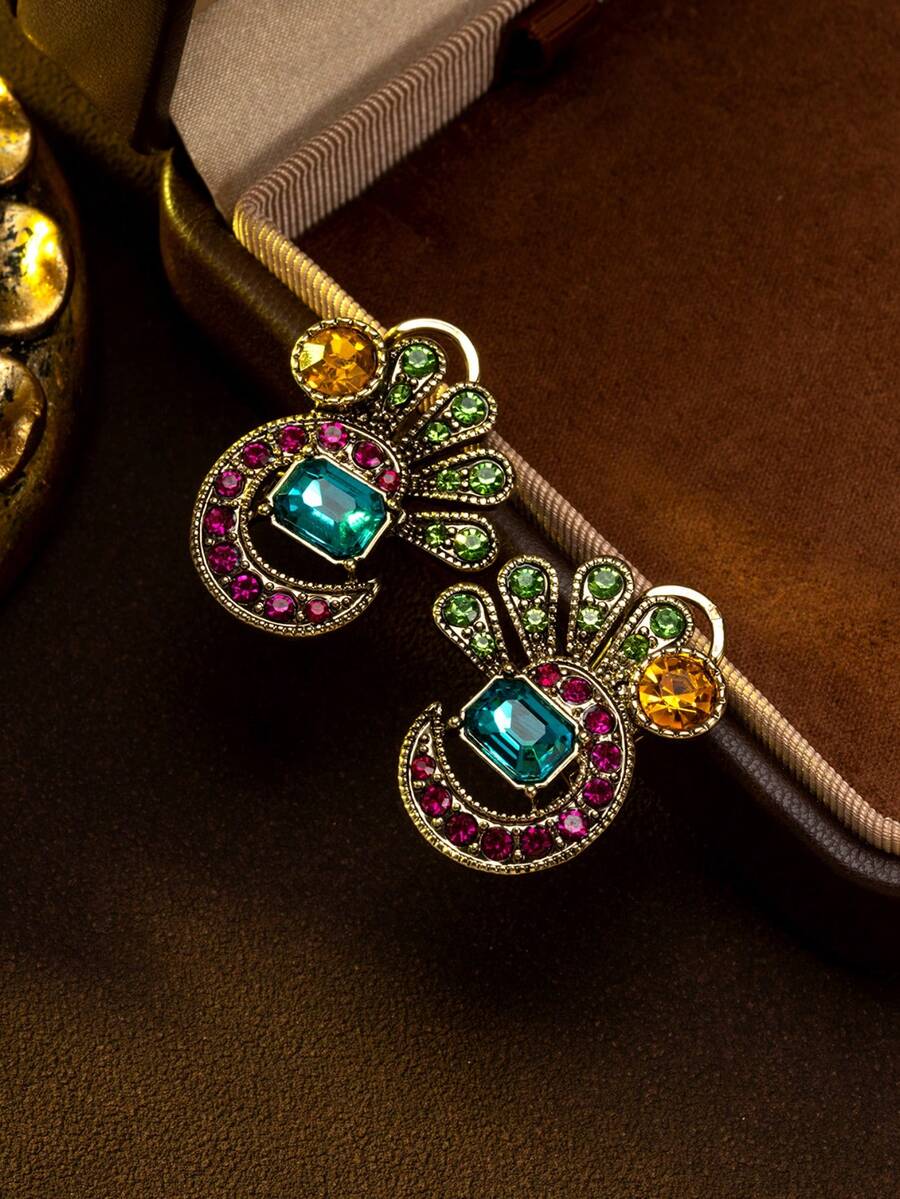 1件复古欧美风格孔雀扇形彩色宝石设计独特小众奢华优雅时尚耳环，采用铜合金底座，镶嵌宝石，适合作为情人节和母亲节的高端礼物，也适合日常佩戴、派对和特殊场合。 - 彩色 - 查看 1