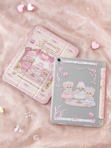 1个洛丽塔风格可爱小熊童话插画图案可折叠平板电脑保护套，双面印刷，兼容iPad 10.2英寸、iPad Pro 11英寸（2020/2021/2022款）、iPad Mini 6/7英寸，防震，带笔槽，支持睡眠/唤醒功能，是送给平板电脑用户的圣诞礼物 - 彩色 - 查看 3