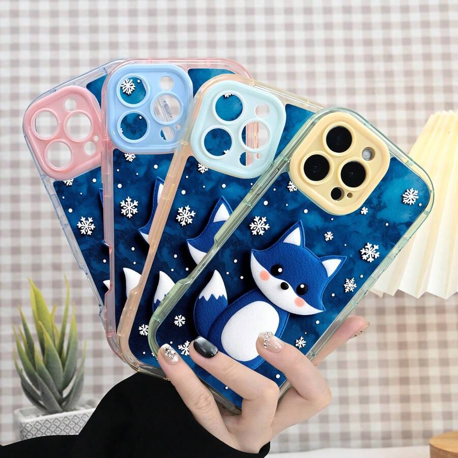 Cute Blue Fox With Snowflakes Pattern Phone Case, Color Block Jelly Multi-Color Series, Built-In Shockproof Buffering, Full Body Protection, Compatible With IPhone 16/15/14/13/12 Series - 粉色 - 查看 1
