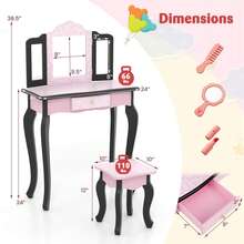 Lifezeal Kids Vanity Table & Stool Set With Cute Polka Dot Print Tri-Folding Mirror Drawer Pink&White/Light Pink&White/Pink&Black/Blue/Pink - Hồng và Đen - Xem 8
