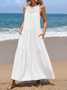 Women Summer Sleeveless Loose Dress Casual Hollow Out Halter Sleeveless Boho Long Sundress Spring Beach Holiday Vacation Valentine Long Maxi Dress - 白色 - 查看 1