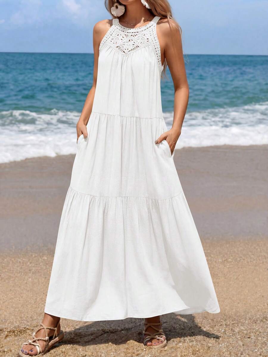 Women Summer Sleeveless Loose Dress Casual Hollow Out Halter Sleeveless Boho Long Sundress Spring Beach Holiday Vacation Valentine Long Maxi Dress - 白色 - 查看 1