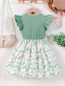 Young Girl Summer Fresh Mint Green Cap Sleeve Dress, Rabbit Print Cinched Waist Bow Design, Cute Sweet Girls A-Line Skirt - Green - View 2