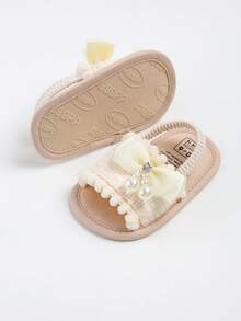 1pair Girls' Bow Knot Canvas Shoes With Buckle Strap Design Flat Cute Sandals For Summer Infant Girls Sandals Summer Shoes - Beige - View 10