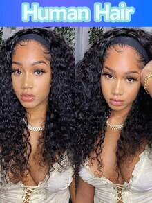 150% Density Brazilian Water Wave Headband Wig, Full Machine Weft, Designed, Human Hair, Easy To Wear, Brazilian Virgin Hair, Deep Water Wave Curls, 16 Inches, No Glue No Lace, Water Wave Headband Wig, Suitable For Daily Wear - Natural Black - View 5
