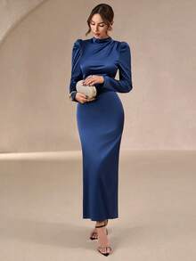 女士优雅中长连衣裙，适合秋冬季节——高领褶裥设计，不对称褶裥上身，收腰设计，哑光缎面纯色，适合派对、聚会、晚宴、圣诞节、万圣节和情人节等场合。 - 藍色 - 查看 4