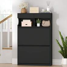 HEXCELEN Shoe Cabinet, Shoe Rack, Shoe Cabinet, Narrow, Adjustable, Shoe Chest For Entrance, Hallway, Wardrobe, 16 Pairs, 2 Flaps (80W Cm), Black - màu đen - Xem 1