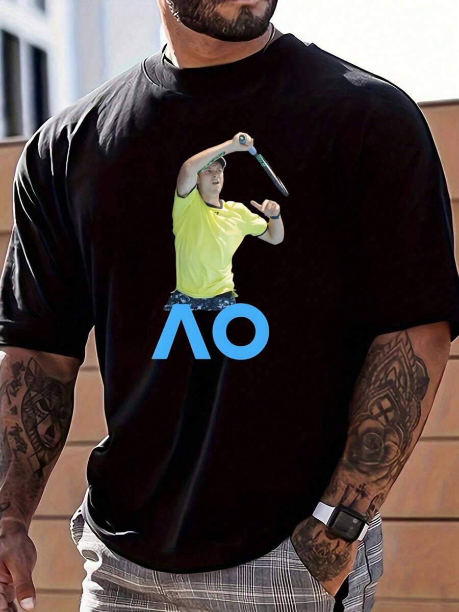 AO Tennis Player Graphic Top,Soft & Lightweight Skin-Friendly T Shirt For Men,100 Percent Cotton Graphic T Shirts,Ustralia T Shirt,Valentine's Day,Australia Day,Streetwear - màu đen - Xem 1