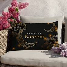 1pc Ramadan Kareem Black & Gold Moon Lantern Decorative Pillow Cover, Single-Sided Printed Velvet, 30*50/40*60CM Cushion Cover Suitable For Room Decor, Modern Living Room, Party Decoration, Gift - Multicolor - View 6