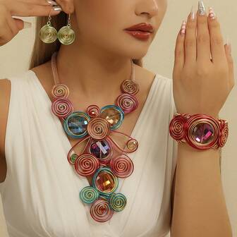 1 set handgjord överdriven flerskiktad aluminiumtrådvävd hartskedja bohemisk europeisk mellanösterneuropeisk koreansk version kvällsfest semester vacker dam konstgjord kristall halsband örhängen armband