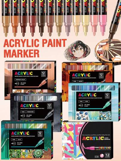 12-72 Colors Vivid Acrylic Marker Pen Set, 6 Color Systems, 1 Box Of 12 Gradient Colors, Non-Smudge Quick-Drying Markers With Medium Tip (2-3mm), Suitable For Rock Painting, Black Paper, Skateboard Decoration, Wood, Plastic, Canvas, Calligraphy