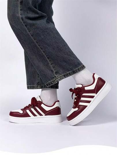 Women's Fashion Round Toe Casual Minimalist Lace-Up Red Versatile Platform Thick Sole Commuter Shoes