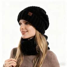 1 Conjunto Gorro de Lã Mista Trançado e Cachecol 2 Peças para Mulheres, Gorro Folgado Tricotado Grosso e Quente para Uso Diário no Inverno - Preto - Visão 4