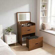 3-In-1 Vanity Desk With Mirror & Stool, Flip Top Makeup Dressing Table, Compact Storage For Bedroom, Bathroom, Dressing Room(18.9"L, Walnut) - Dài 23,62 inch, màu gỗ óc chó. - Xem 5
