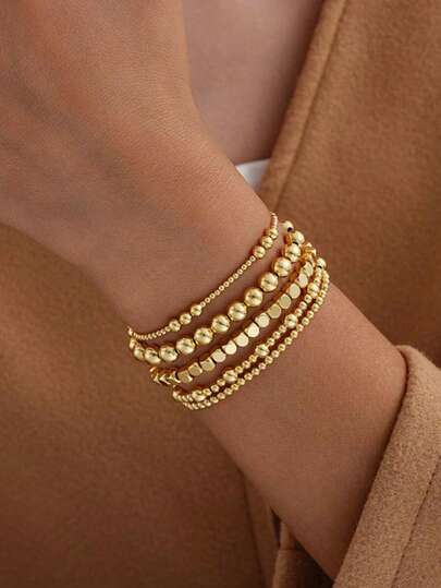 HOTNICE 5pcs/Set Fashionable Elastic Beaded Bracelet Set For Women, Suitable For Layering And Accessorizing
