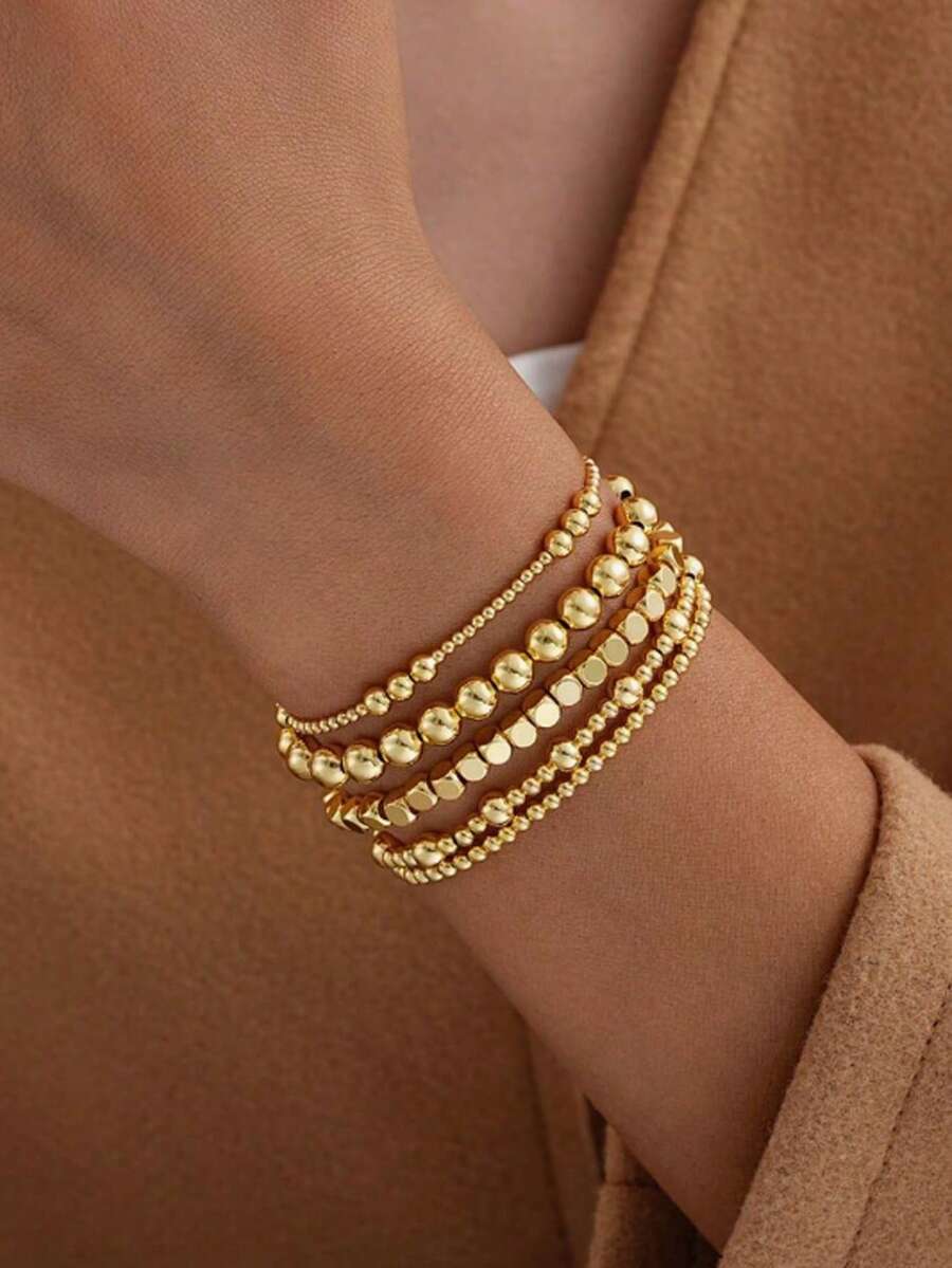 HOTNICE 5pcs/Set Fashionable Elastic Beaded Bracelet Set For Women, Suitable For Layering And Accessorizing - Gold - View 1