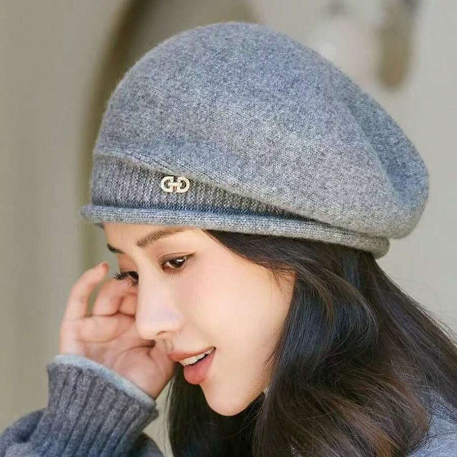 1pc Women's Autumn/Winter Beret Hat, Fashion Versatile Warm Knitted Knitted Cap, Lightweight Luxury Slouchy Beanie - Grey - View 1