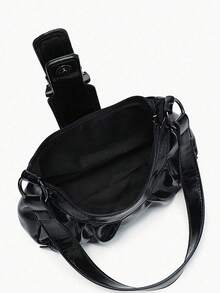 1pc Retro Maillard Distressed Leather Motorcycle Bag With Studs And Buckles, Soft Touch, Folded Detail, Cloud Shape, Shoulder & Crossbody Bag, Suitable For Work, Commute, Date And Party, Retro Inspired Vintage Bag For Women, Halloween Purse Perfect For Fancy Party Halloween Fashion & Gothic Fashion , Vintage Bag - 黑色 - 查看 8