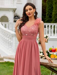 MIUSOL Sequin Floral Lace Sweetheart Neck Sleeveless Ruffle Chiffon Slit Maxi Formal Party Dress, Formal Evening Gown, Suitable For Wedding Guest, Graduation Ceremony, Banquet And Other Occasions - Dusty Pink - View 9