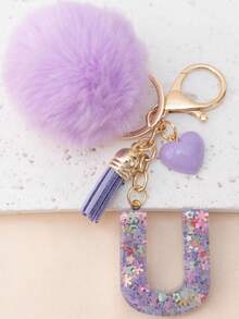 Móc khóa chữ cái A-Z bằng nhựa đính kim sa hình quả cầu len dễ thương, phụ kiện ví & túi xách, đồ trang trí treo balo, mặt dây chuyền xe hơi, quà tặng cho bé gái. - Màu tím hoa cà - Xem 27