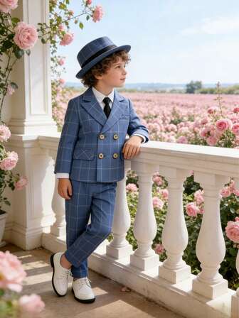 1 Set Boys' Fashionable Gentleman Suit: 1 Plaid Blazer Jacket + 1 Plaid Pants + 1 Tie, Suitable For Wedding, Performance, Party And Other Formal Occasions