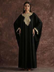 AmazingHoney 优雅奶油色卡夫坦长袍，饰有金色刺绣细节，蝙蝠袖，派对阿巴雅长袍，卡夫坦长袍，阿巴雅长袍（宽松版型 - 请查看尺码表） - 黑色 - 查看 7