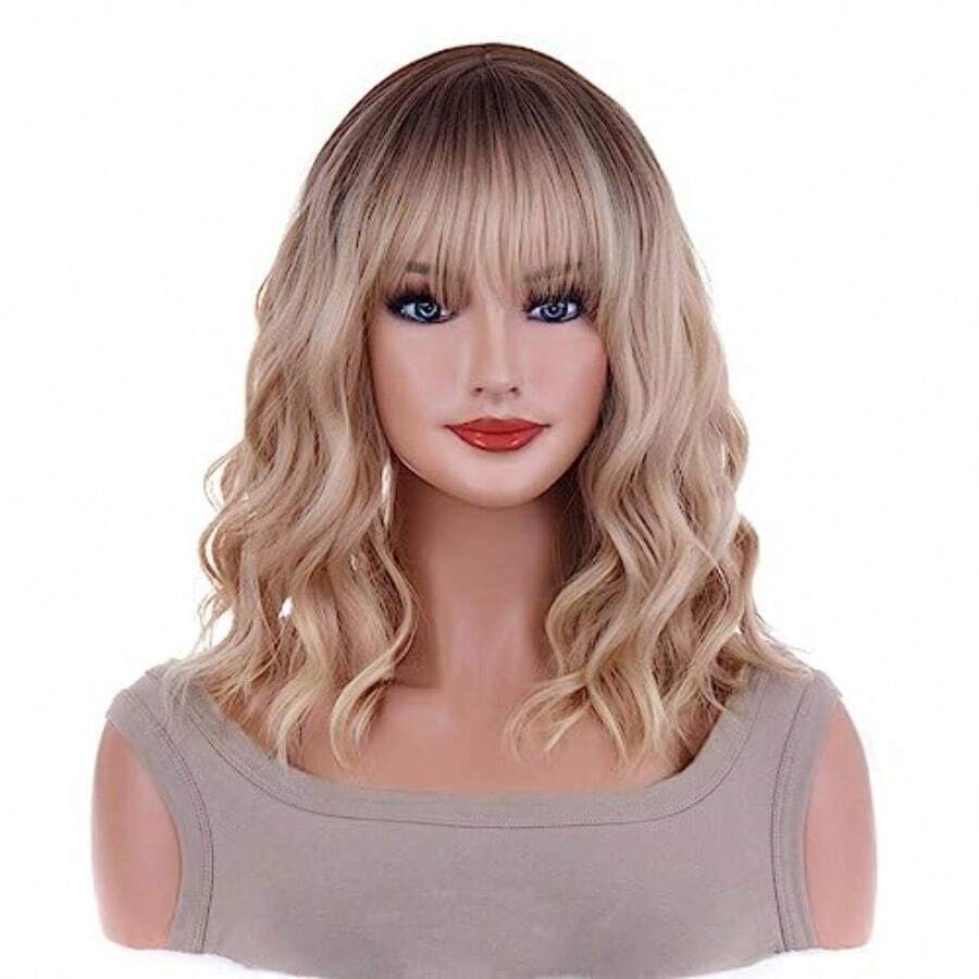 D14 Inches Blonde Wig For Women Girls Ash Blonde Wig Short Curly Wig Synthetic Wig With Bangs Ombre Blonde Wig For Daily Cosplay Party - BlondeOmbre - View 1