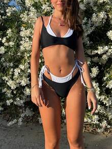 Women String Bikini Set Fake Two Pieces Halter Side Tie Color Block Two Piece Swimsuit Triangle Bathing Suits - Black - View 4